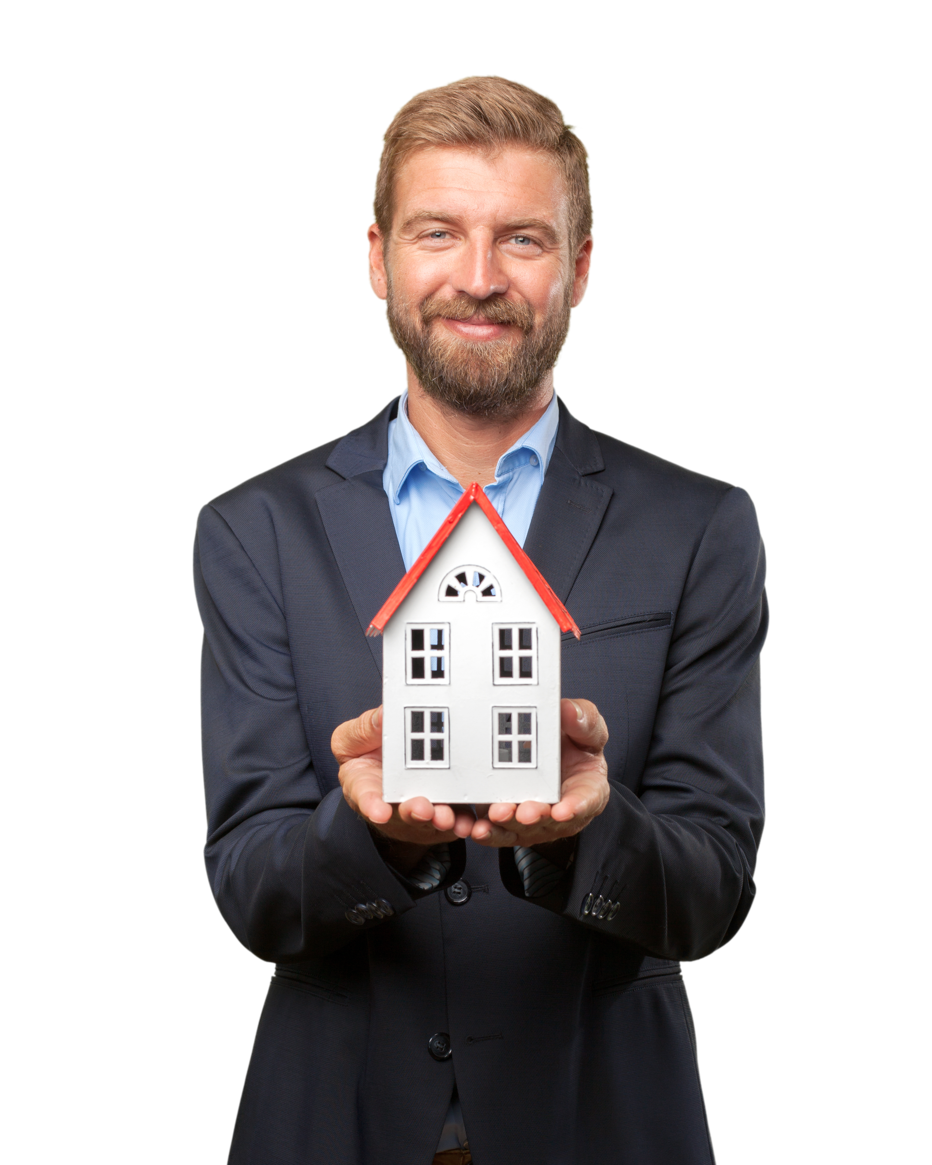 Blond businessman with toy house