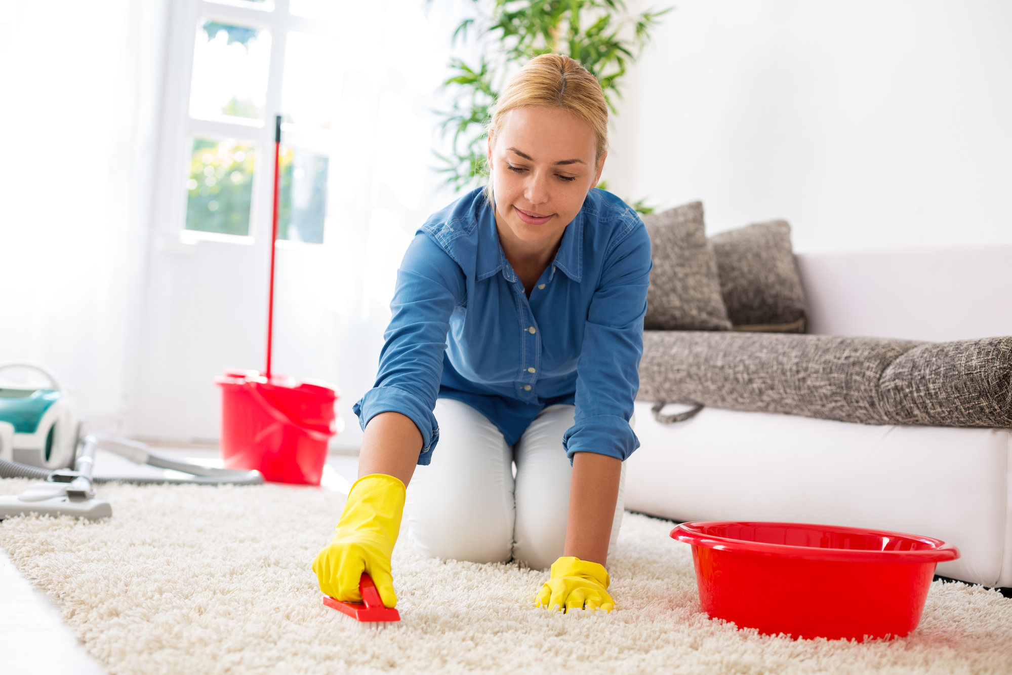Housewife cleaning carpet with brush and doing housework