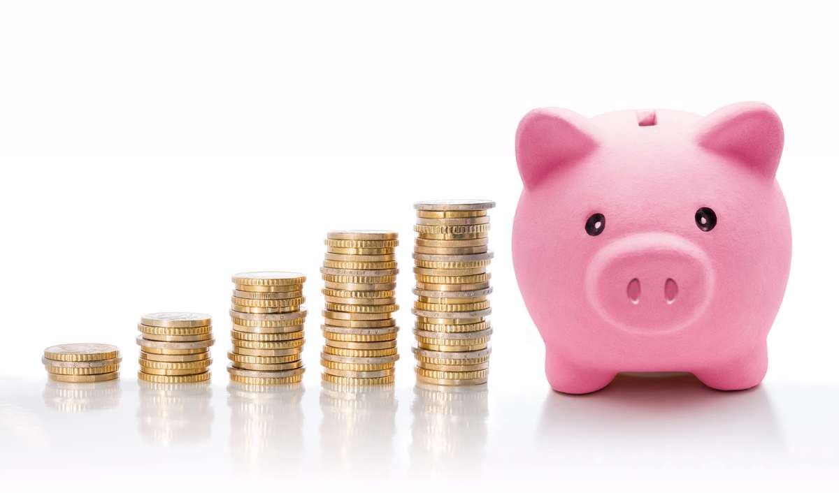 Piggy bank with euro coin stacks - concept of increase (R) (S)