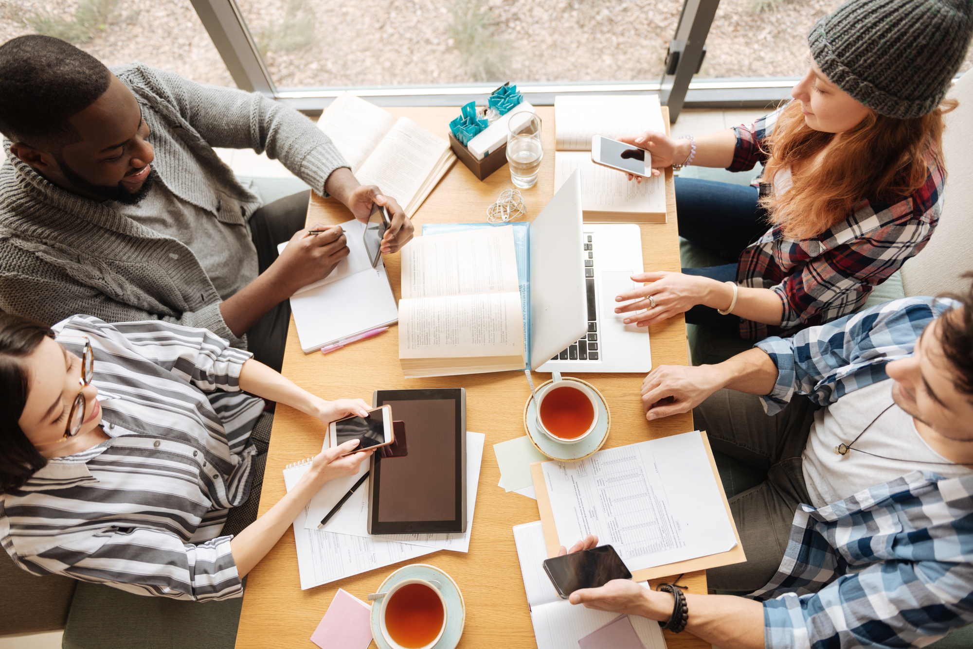 Top view of students studying together